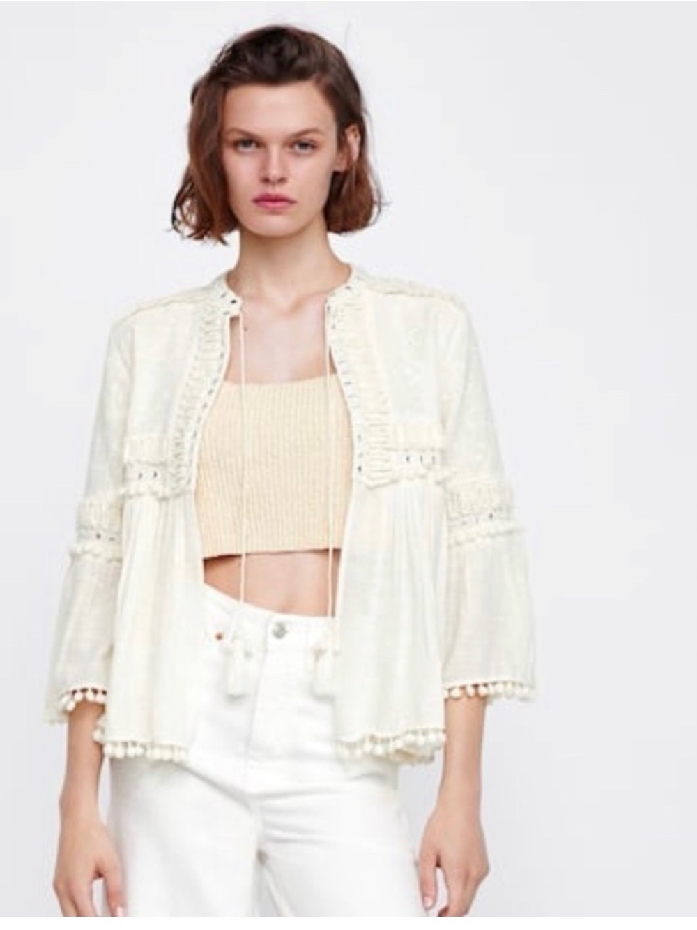 Zara Cream Crochet-Trim Open Jacket